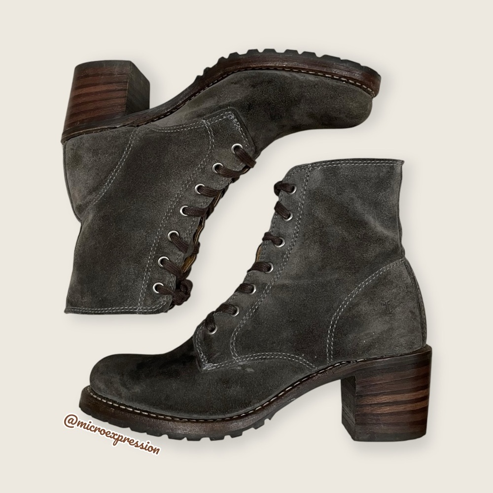 RARE Frye Sabrina 6G Olive Green-Grey Suede Lace Up Combat Block Heel Ankle Boot - Picture 9 of 15